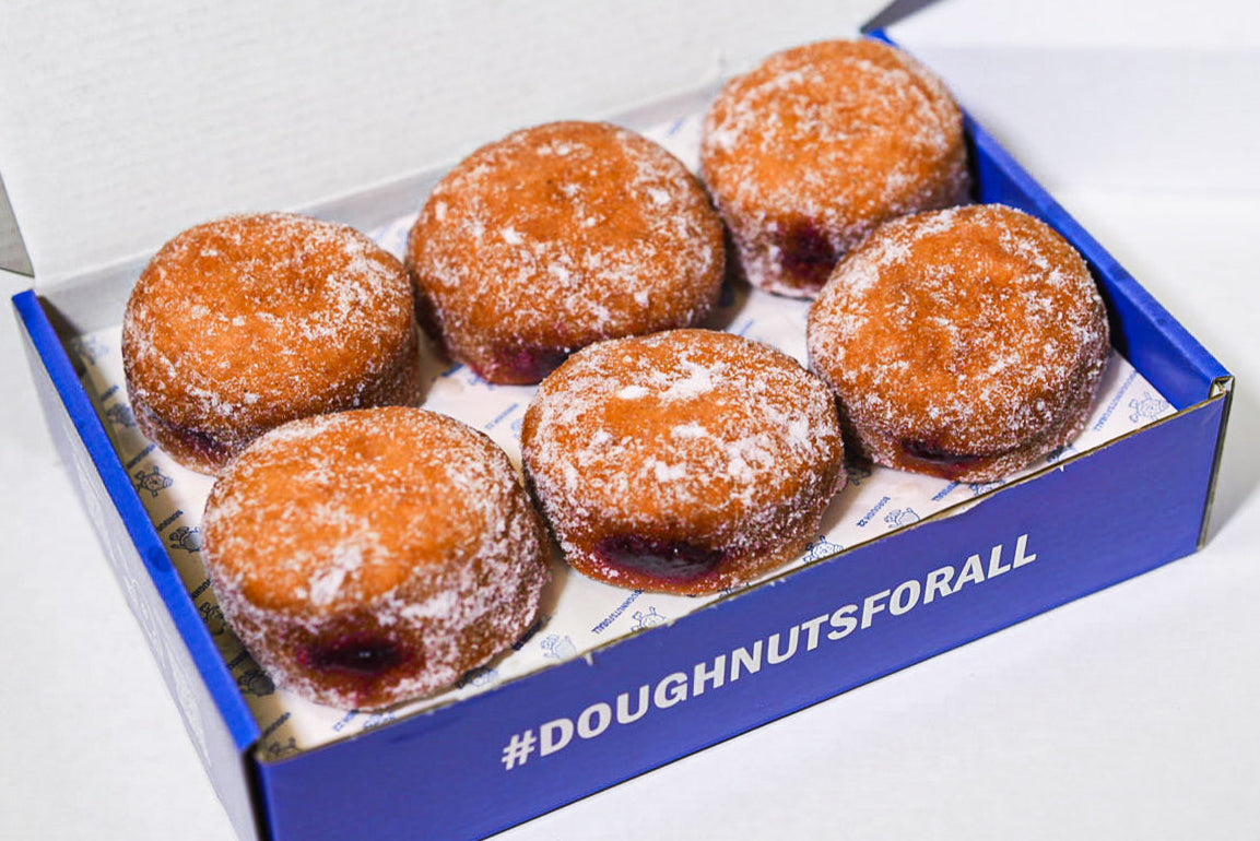 Gluten-free, vegan jam-filled doughnuts in a Borough 22 box