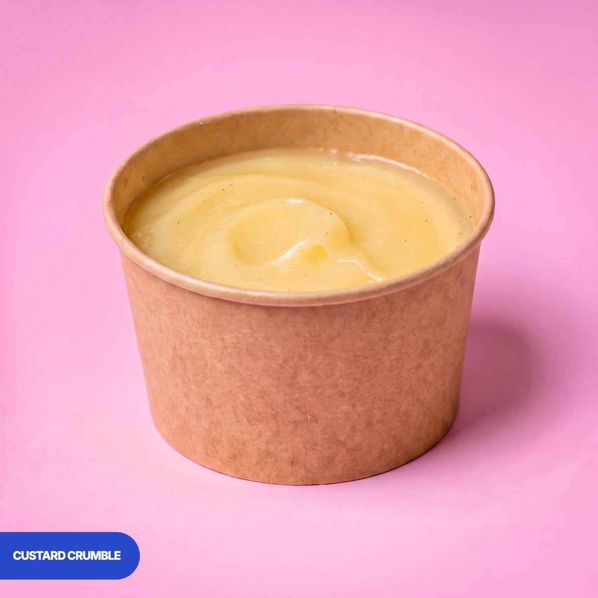Gluten free vegan vanilla custard pot in a kraft tub, flecked with vanilla seeds