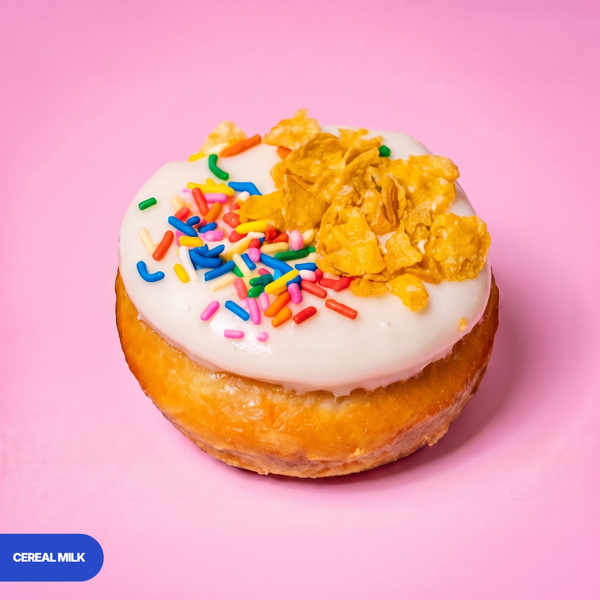 Gluten free vegan baked cereal milk doughnut, vanilla icing with rainbow sprinkles and cornflakes