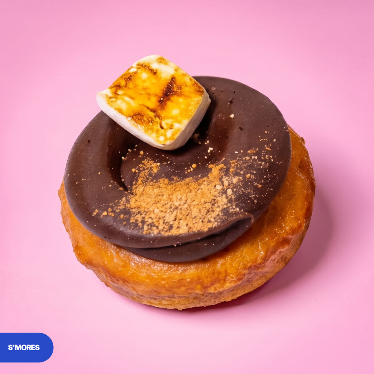 Gluten free vegan baked s'mores doughnut, chocolate icing dusted with biscuit crumb and a toasted marshmallow