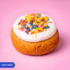 Gluten free vegan baked funfetti doughnut, vanilla icing covered in rainbow sprinkles
