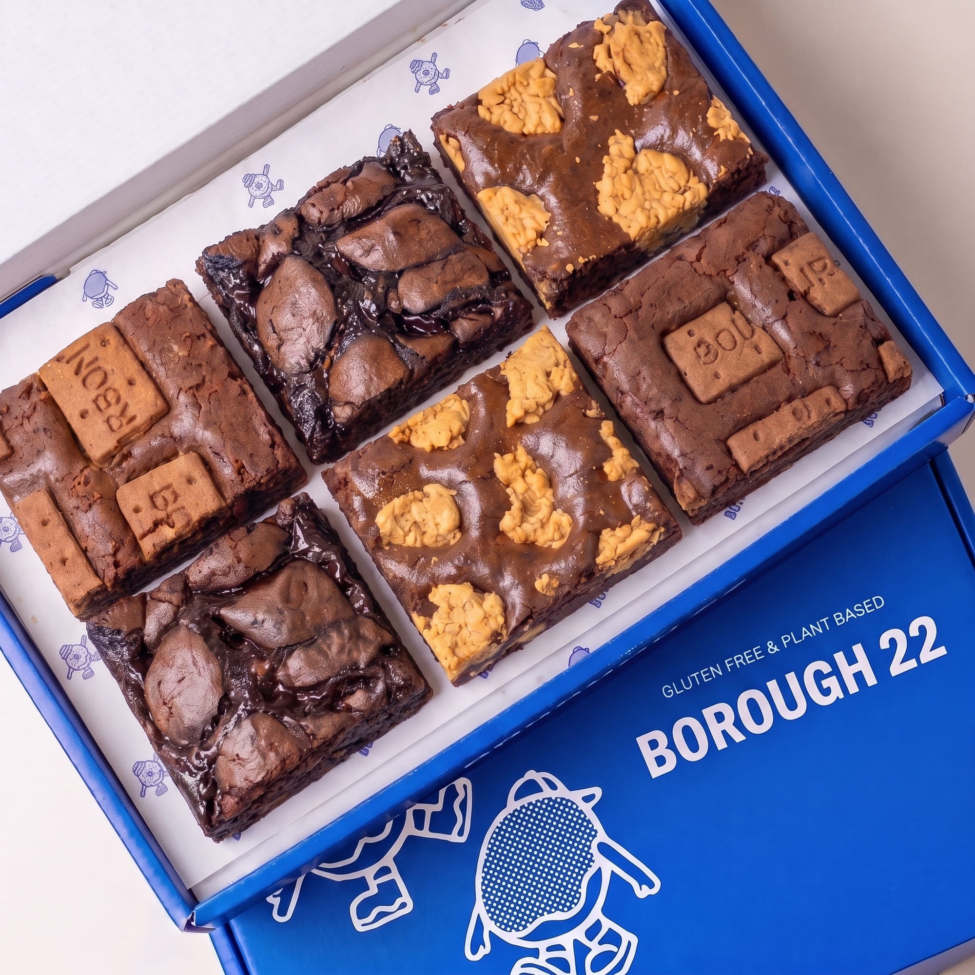 Open Borough 22 box of six gluten free vegan brownies, two biscoff, two jam puddle and two chocolate crunch