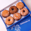 Open Borough 22 box of six gluten free vegan fried doughnuts, sugared custard and jam filled rounds with cinnamon sugar and original glazed rings