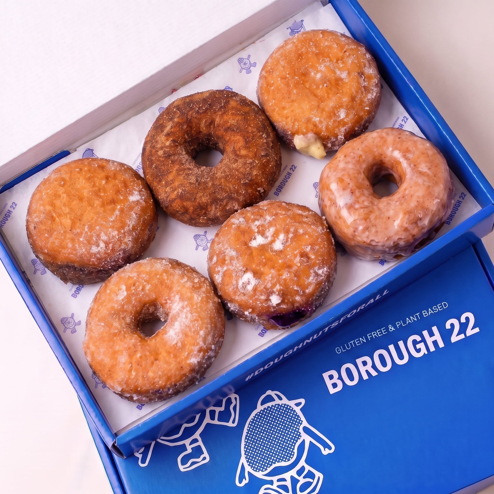 Open Borough 22 box of six gluten free vegan fried doughnuts, sugared custard and jam filled rounds with cinnamon sugar and original glazed rings