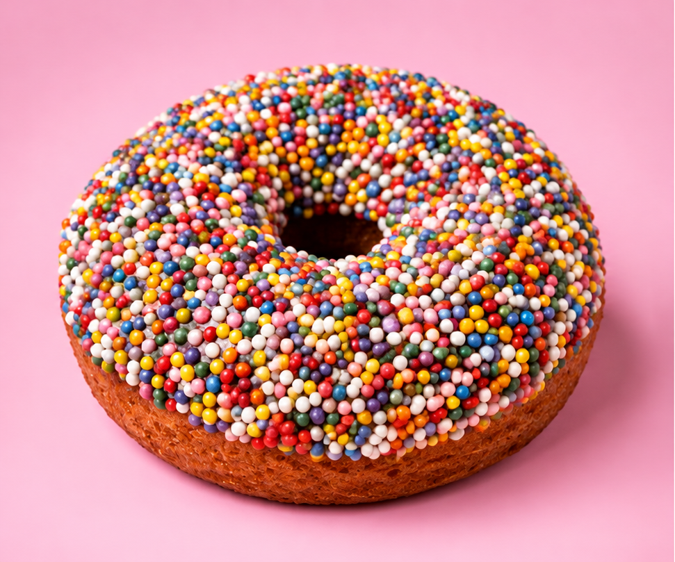 Gluten free vegan Dot ring doughnut covered in rainbow hundreds and thousands, from the Little Celebration Box