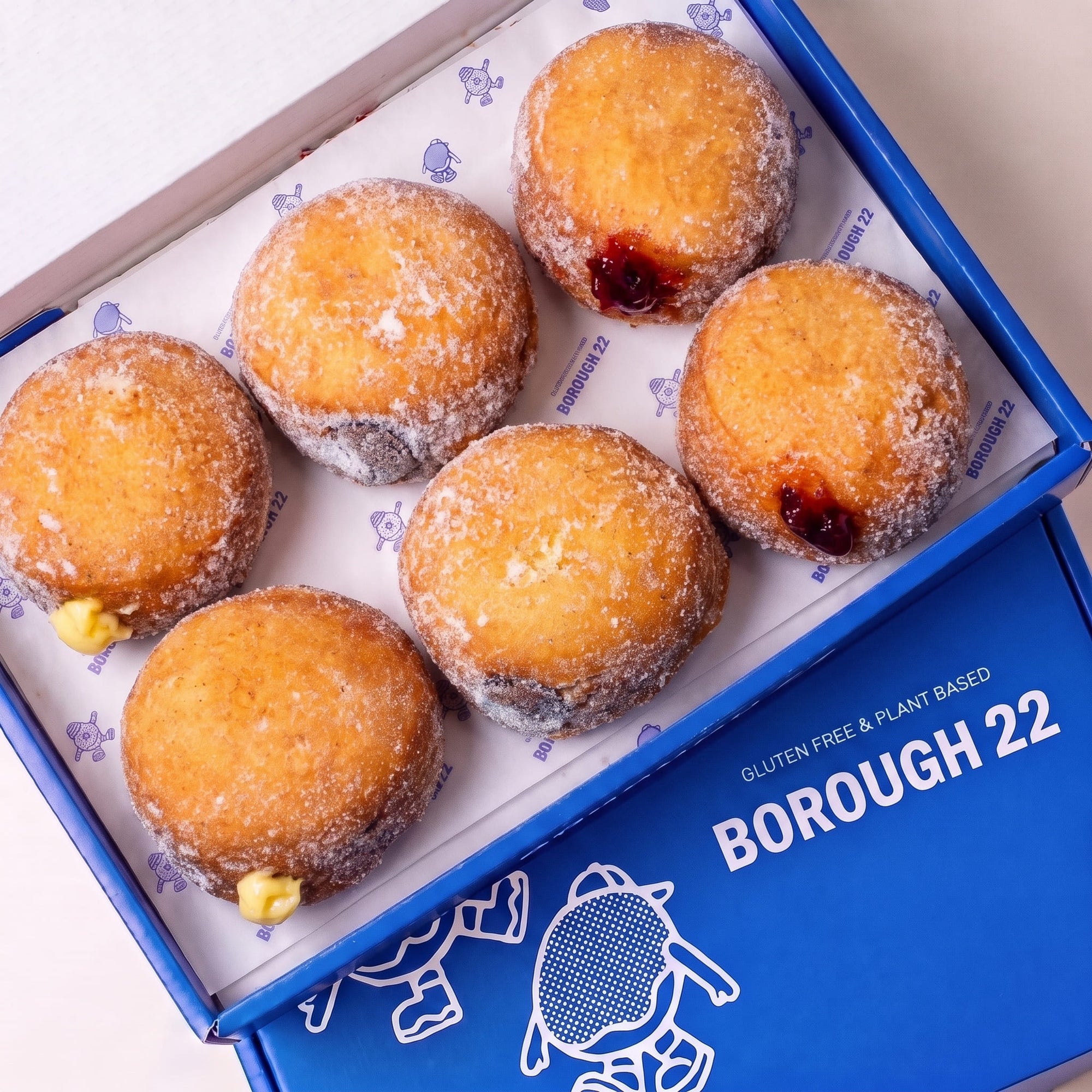 Open Borough 22 box of six gluten free vegan fried sugared filled doughnuts, custard, raspberry jam and chocolate fillings visible at the sides