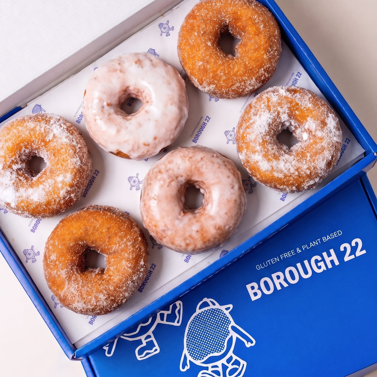 Open Borough 22 box of six gluten free vegan fried ring doughnuts, sugared, cinnamon sugar and vanilla glazed
