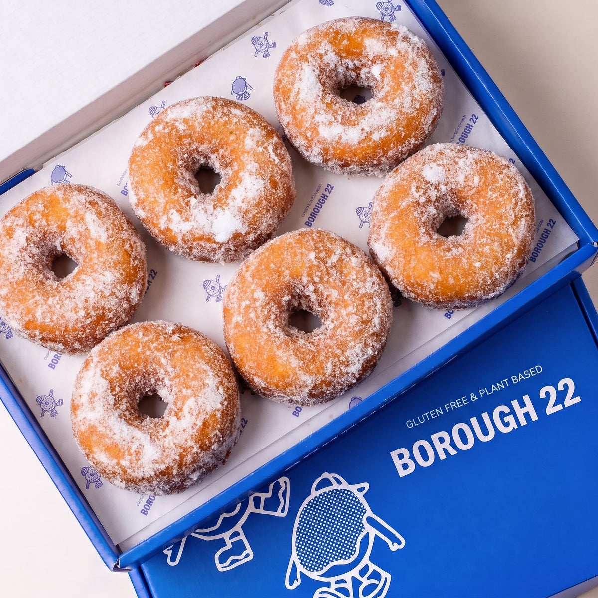 Open Borough 22 box of six gluten free vegan fried ring doughnuts rolled in caster sugar