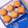Open Borough 22 box of six gluten free oat free vegan fried sugared filled doughnuts, custard, raspberry jam and chocolate fillings visible at the sides